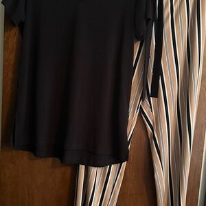 Susan Graver Black Top with Striped Pantsuit